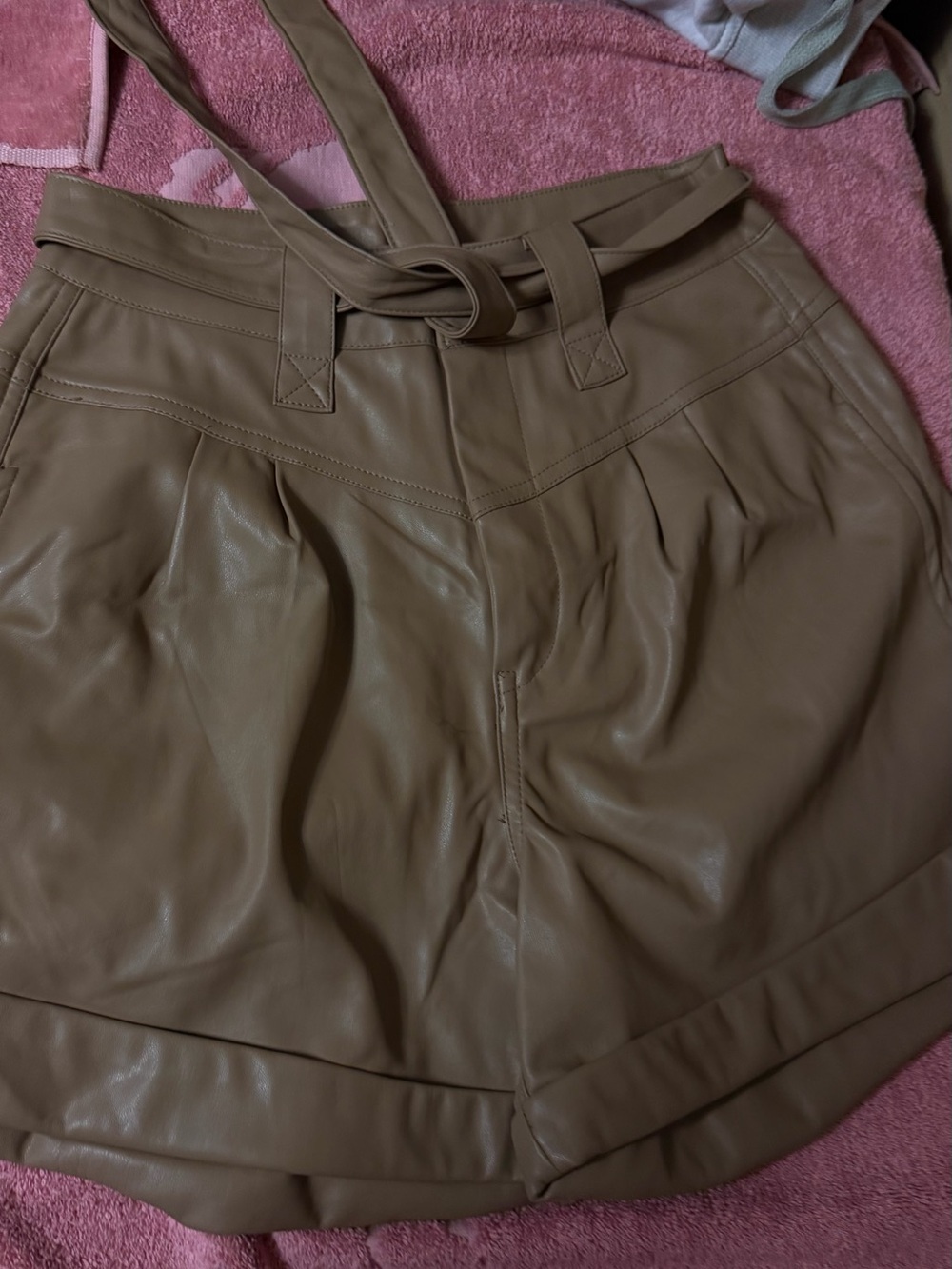 Sonoma Faux Leather High-Waist Shorts in Taupe Brown with Tie Belt